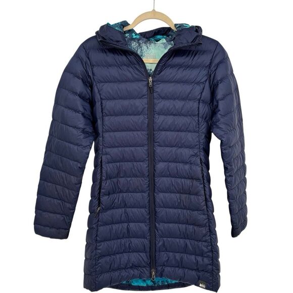 REI Co-op Women’s 650 Down Hooded Long Puffer Coat Navy Blue Packable Medium - Picture 1 of 9